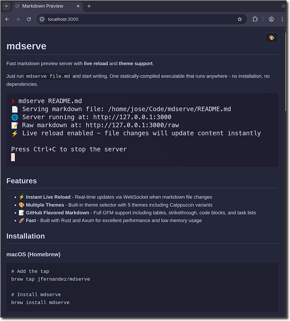 mdserve with Catppuccin Macchiato theme