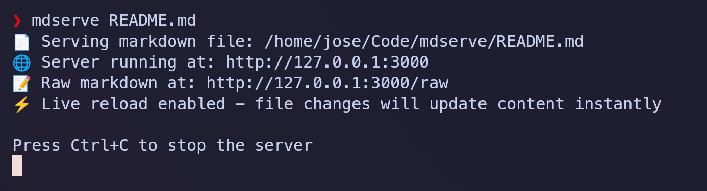 mdserve terminal output